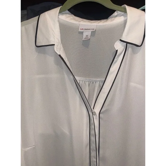 Liz Claiborne Womens White Black Piping Button Front Long Sleeve Blouse Top 2X - Picture 4 of 7
